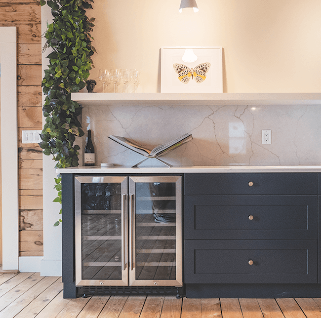 black kitchen counter with metallic details