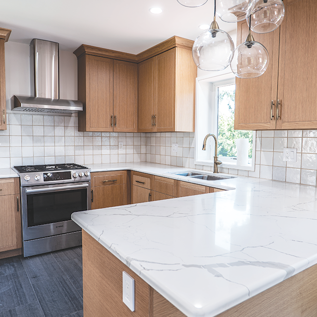 Marble countertops with custom wood cabinets