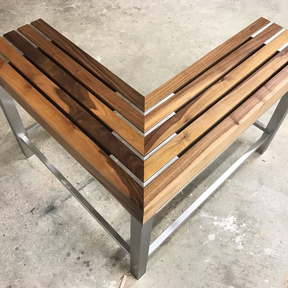 thumbnail_IMG_8378 Custom furniture bench with angled walnut slats on a stainless steel metal frame