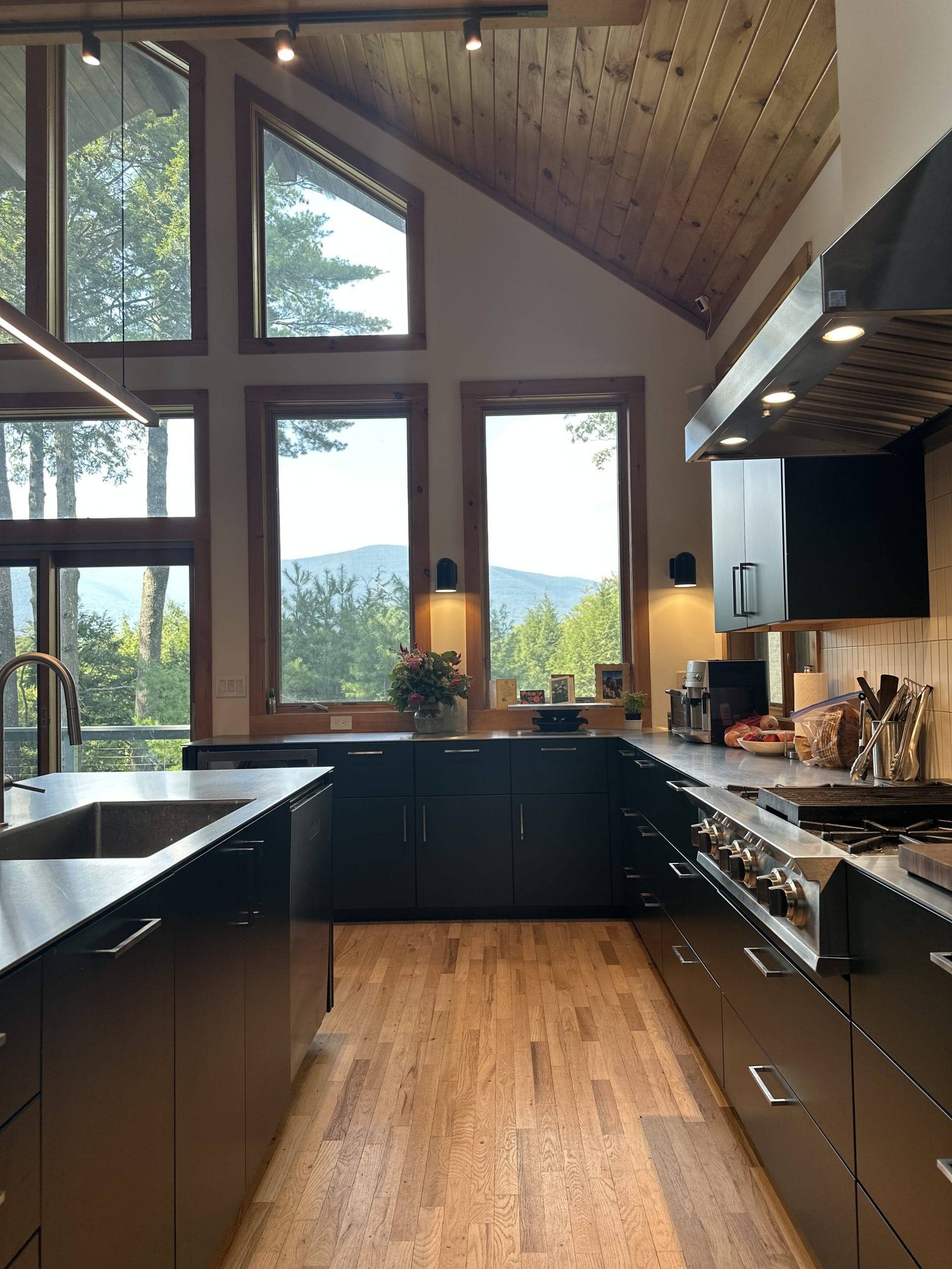 two kitchen windows revealing a mountain view